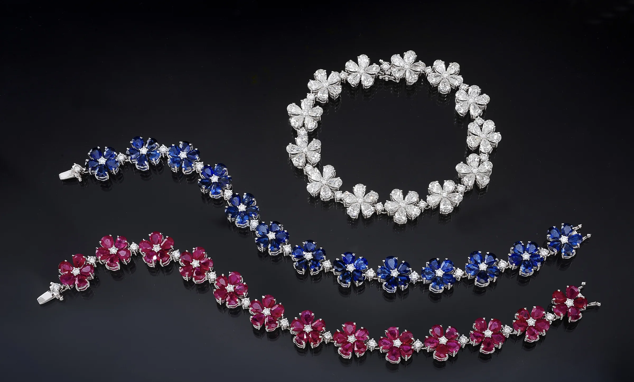 Sapphire, ruby and diamond flower bracelets